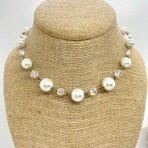 VINTAGE ANNE KLEIN FAUX PEARL CRYSTAL NECKLACE CHOKER GOLD TONE Y LARIAT 80S